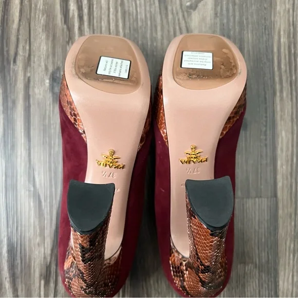 Prada NEW Authentic Burgundy Suede Platform Block Heels with Snakeskin Detail - Picture 10 of 14